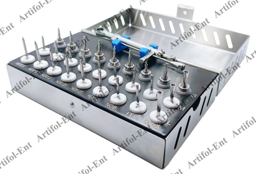 28-Piece Dental Implant Universal Prosthetic Kit with Adjustable Ratchet & Screwdrivers, Torque Wrench Set – Fully Autoclavable, 0-50Ncm | Secure & Remove Implant Restorations # OS1060