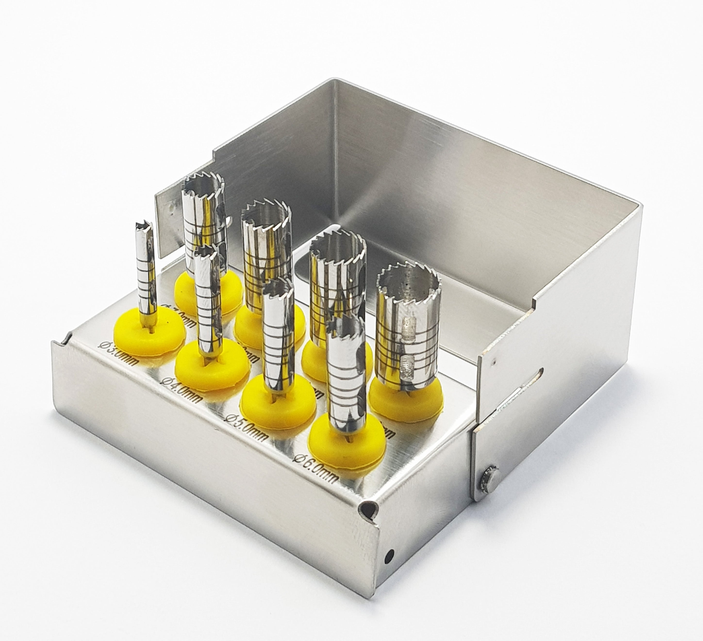 Long Trephine Drill Set – 8 Pcs Silver Color with Metal Holder | OS1036