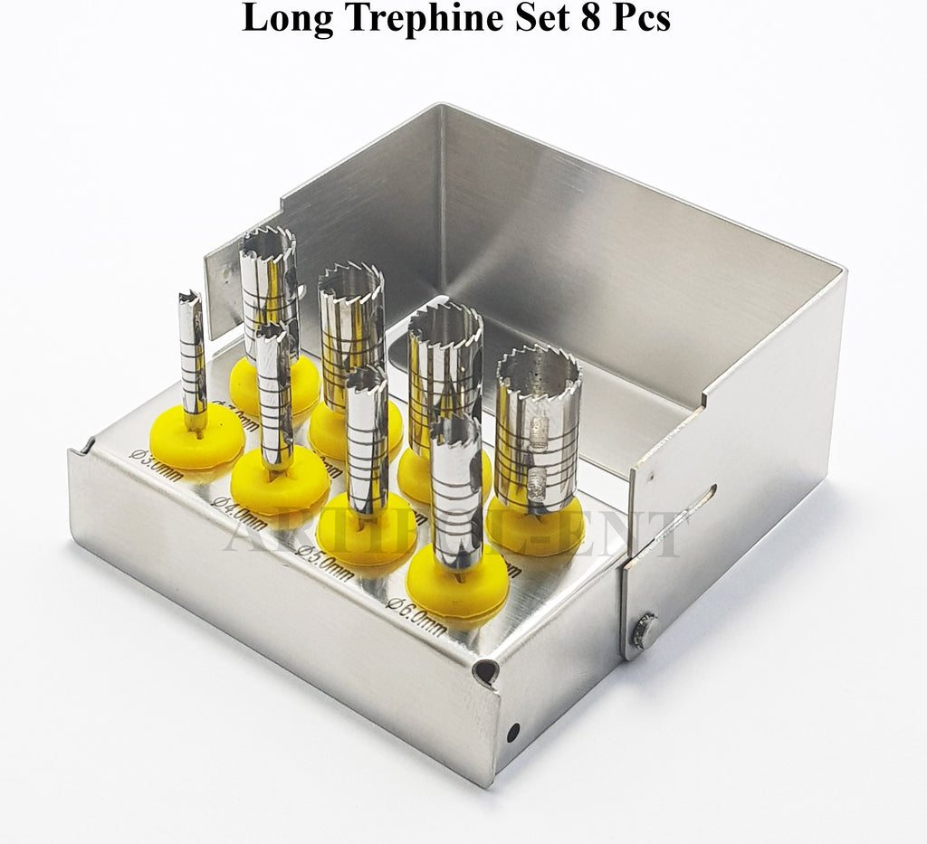 Long Trephine Drill Set – 8 Pcs Silver Color with Metal Holder | OS1036