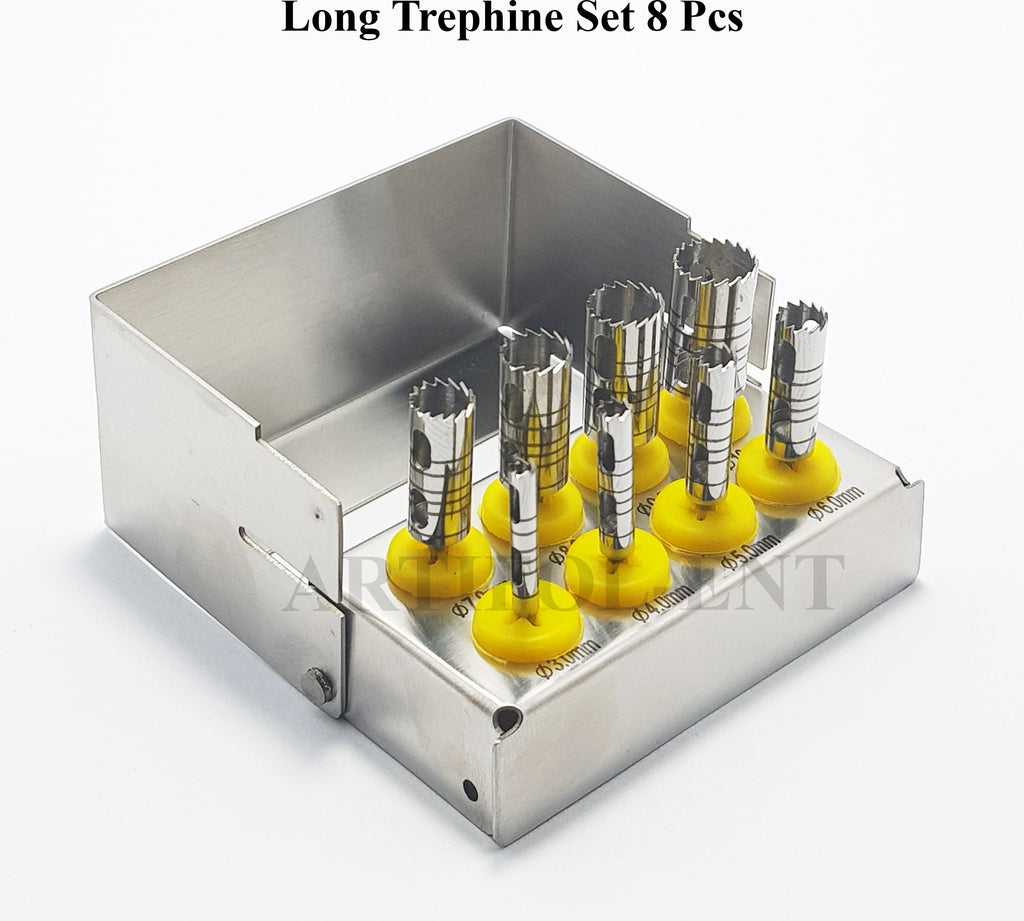Long Trephine Drill Set – 8 Pcs Silver Color with Metal Holder | OS1036