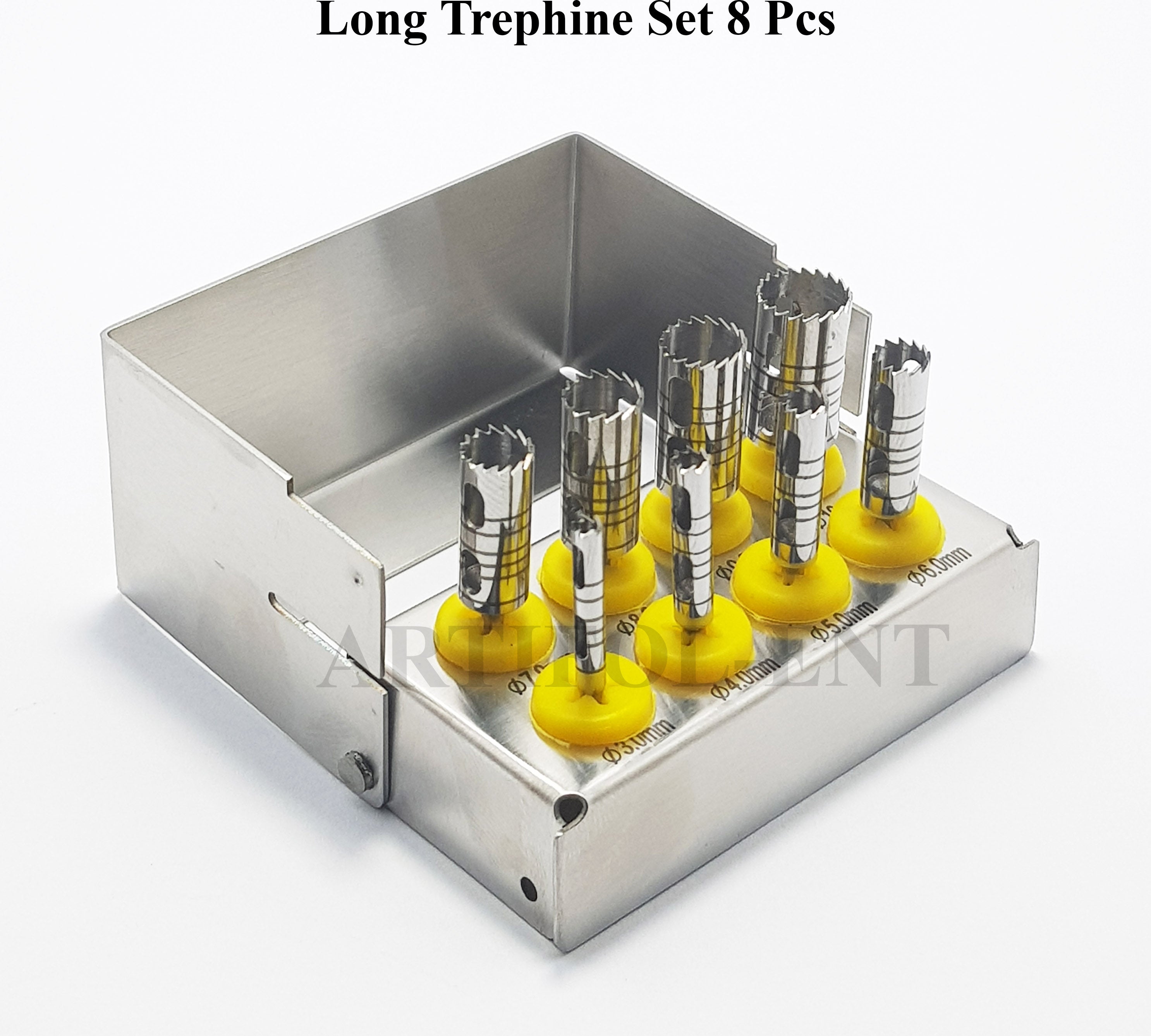 Long Trephine Drill Set – 8 Pcs Silver Color with Metal Holder | OS1036