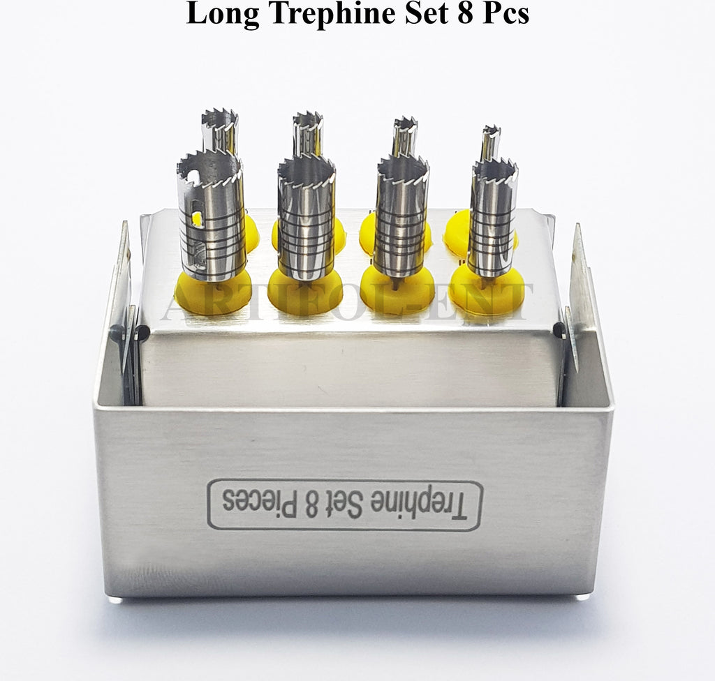 Long Trephine Drill Set – 8 Pcs Silver Color with Metal Holder | OS1036