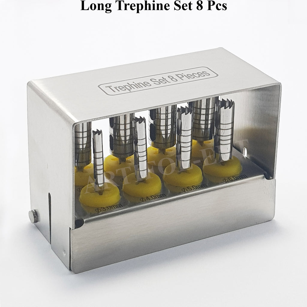 Long Trephine Drill Set – 8 Pcs Silver Color with Metal Holder | OS1036