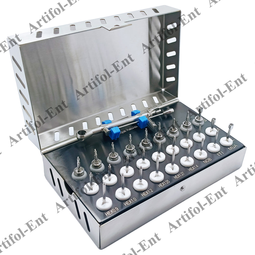28-Piece Dental Implant Universal Prosthetic Kit with Adjustable Ratchet & Screwdrivers, Torque Wrench Set – Fully Autoclavable, 0-50Ncm | Secure & Remove Implant Restorations # OS1060