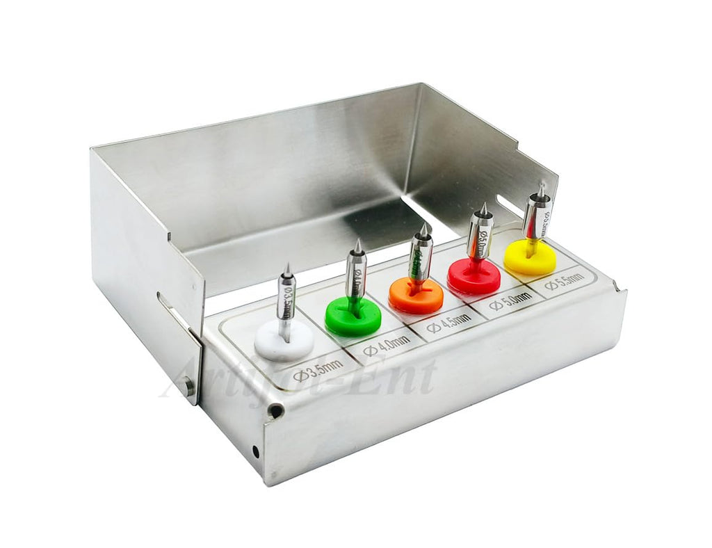 Dental Center Tissue Punch Kit – Rotary Silver Color | 5-Piece Set with Stainless Steel Holder | Center Drill Punch for Implant Surgery #OS1050