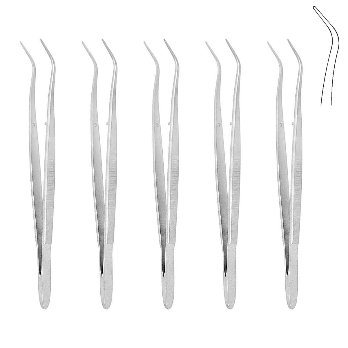 Dental Tweezers Angled Smooth Tips 15.7 cm – Curved Point Stainless Steel Dental Forceps | Multipurpose Oral Care & Denture Cleaning Tool | 5 Pcs #114500031