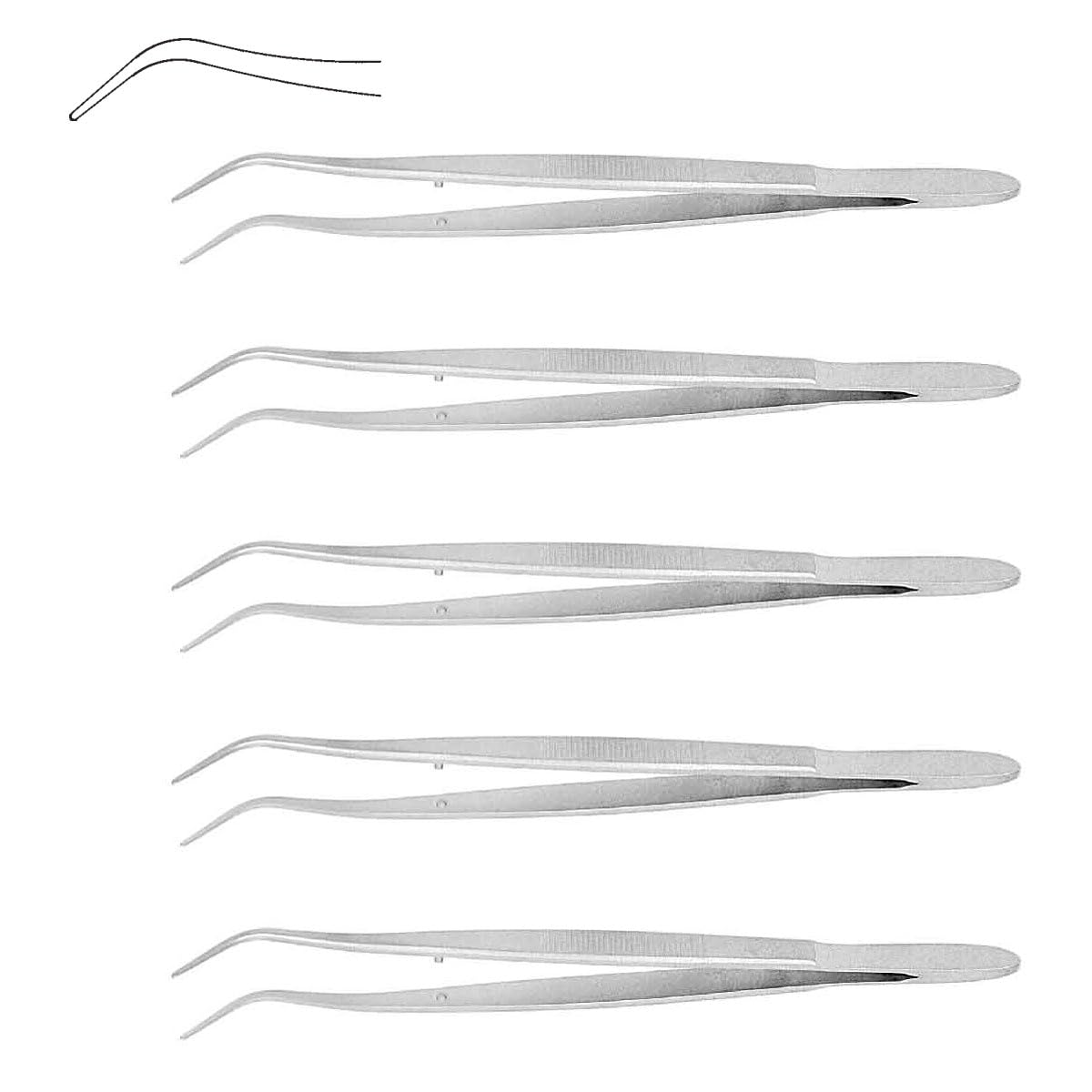 Dental Tweezers Angled Smooth Tips 15.7 cm – Curved Point Stainless Steel Dental Forceps | Multipurpose Oral Care & Denture Cleaning Tool | 5 Pcs #114500031