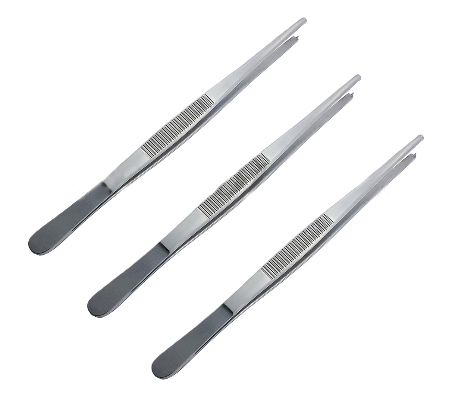 Tissue Forceps – 1x2 Teeth Kocher, Stainless Steel | 18 cm (7"), 20 cm (8"), 25 cm (10") Surgical Tweezers, 3-Piece Set