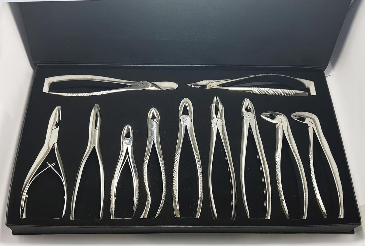 Kit di pinze per estrazione dentale da 11 pezzi - Strumenti professionali in acciaio inossidabile | Include pinze n. 51, 67A, 17, 13, 18, 22, 1, 6C, 76S, F301 e Ronguer Blument da 15 cm