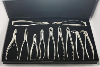 Kit di pinze per estrazione dentale da 11 pezzi - Strumenti professionali in acciaio inossidabile | Include pinze n. 51, 67A, 17, 13, 18, 22, 1, 6C, 76S, F301 e Ronguer Blument da 15 cm