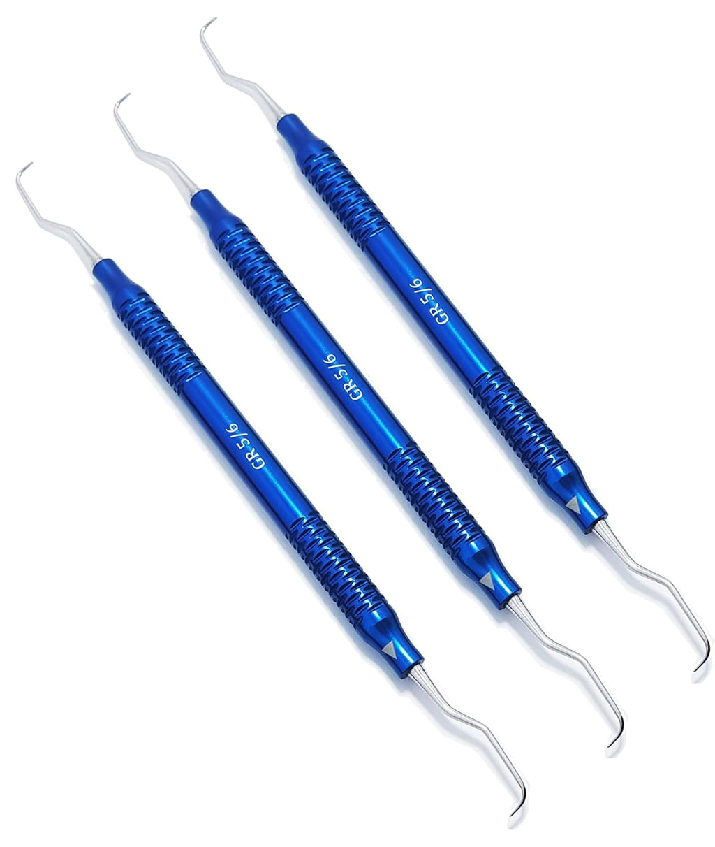 Set di curette Gracey – 3 pezzi misura 5/6 | Strumenti parodontali a doppia estremità | Manici in alluminio blu #GR56