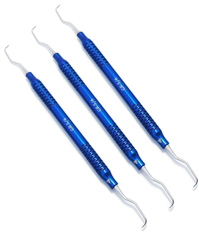 Set di curette Gracey – 3 pezzi misura 5/6 | Strumenti parodontali a doppia estremità | Manici in alluminio blu #GR56