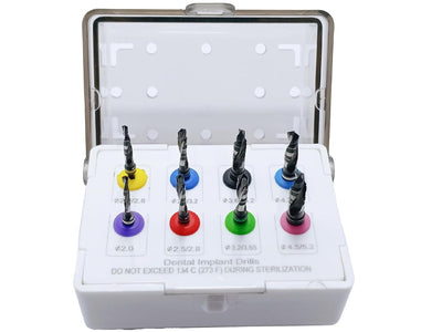 Kit de forets pour implants dentaires – Jeu universel de 8 forets pour implants | Acier inoxydable avec revêtement noir et support de rangement #OS1075