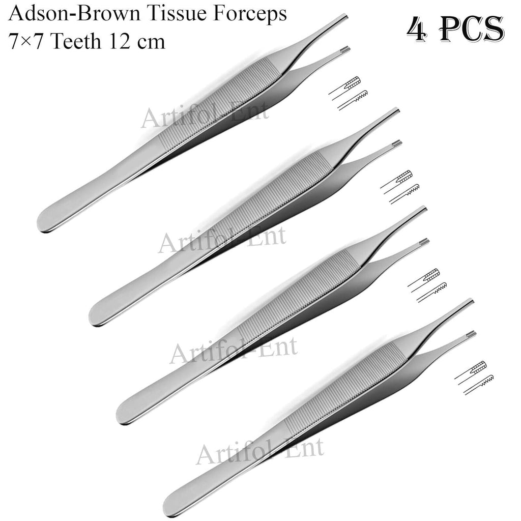 Adson Brown Tissue Forceps 12 cm – 7×7 Teeth Surgical Stainless Steel Forceps | Precision Tissue Handling Instrument | 4 Pcs #114910119