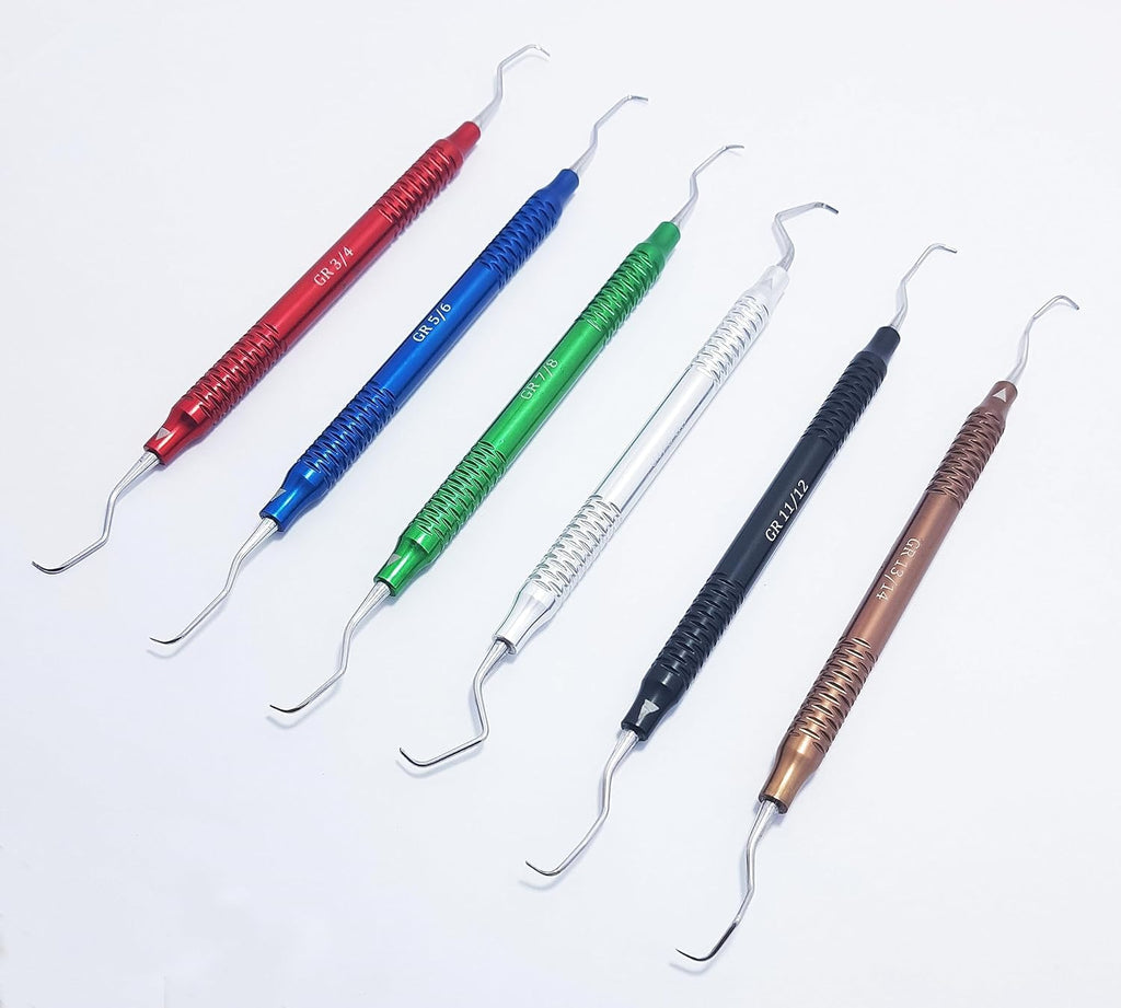 Dental Gracey Curette Set – 6 Pcs Double-Ended Periodontal Curettes | Aluminum Hollow Handles | Multi-Color Coated