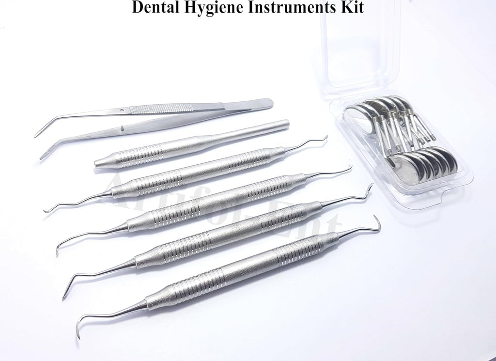 Dental Hygiene Set Gracey Curette, Hygienist Scaler, Sickle Scaler, Dental Mirrors with Mirror Handle, College Tweezers/Cotton Plier Hygienists Instruments Tool kit 18 Pcs