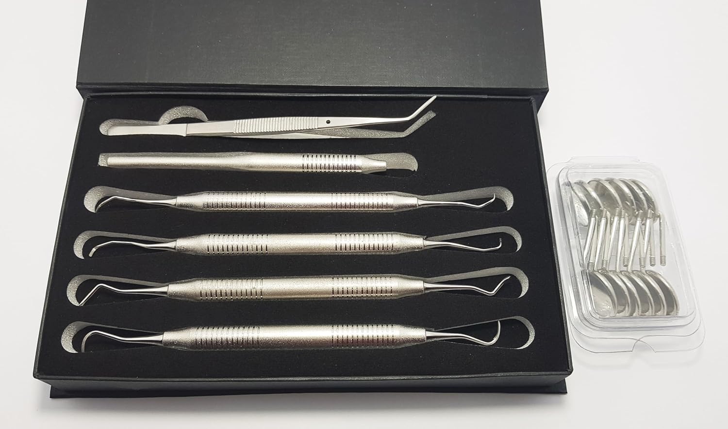 Dental Hygiene Set Gracey Curette, Hygienist Scaler, Sickle Scaler, Dental Mirrors with Mirror Handle, College Tweezers/Cotton Plier Hygienists Instruments Tool kit 18 Pcs