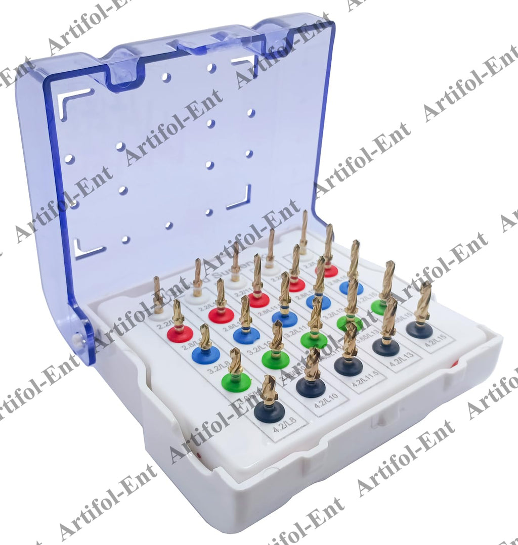 25 Pcs Dental Guided Implant Drill Kit – Assorted Stoppers & Sizes, Fully Autoclavable with Plastic Case – Gold-Coated Drills Set # OS1069