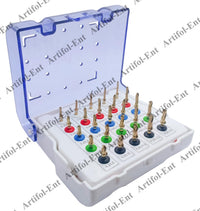 Kit di 25 trapani per impianti dentali guidati - Tappi e misure assortiti, completamente autoclavabili con custodia in plastica - Set di trapani rivestiti in oro n. OS1069