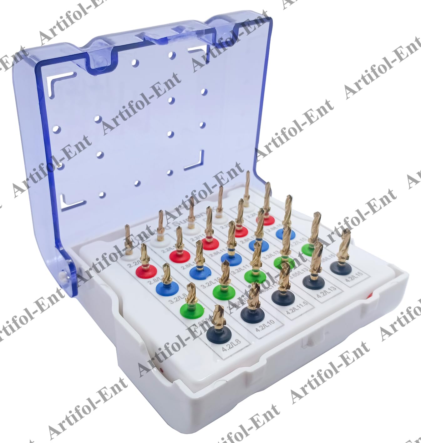25 Pcs Dental Guided Implant Drill Kit – Assorted Stoppers & Sizes, Fully Autoclavable with Plastic Case – Gold-Coated Drills Set # OS1069