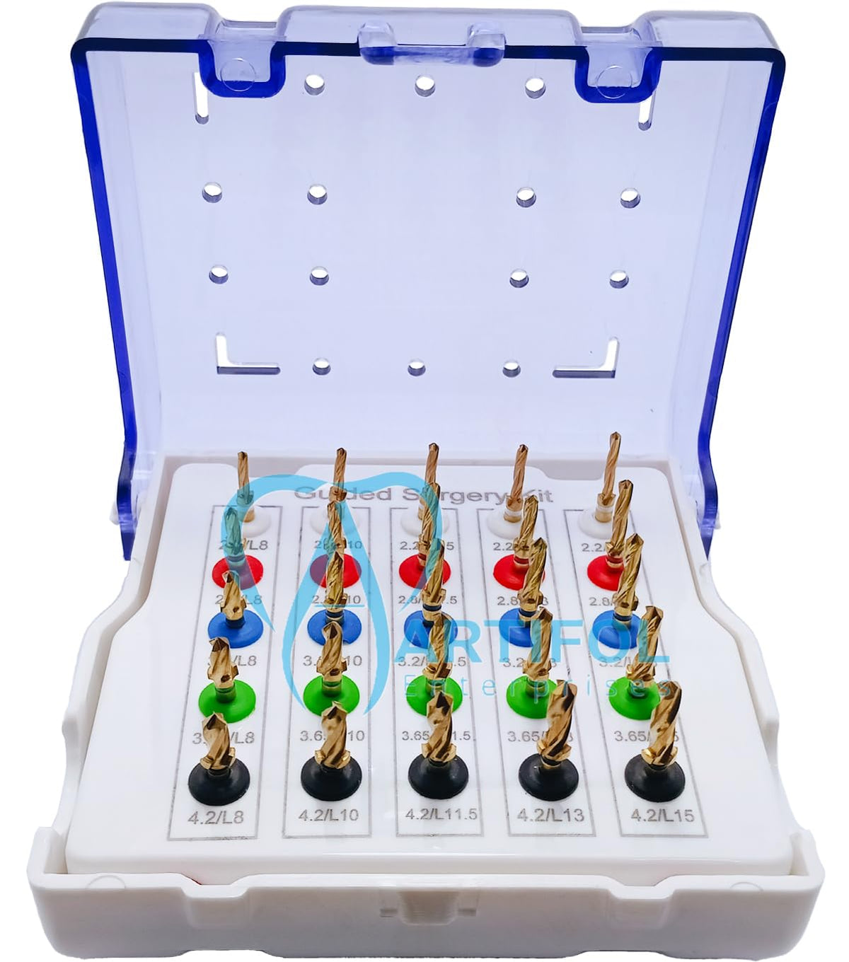 Kit di 25 trapani per impianti dentali guidati - Tappi e misure assortiti, completamente autoclavabili con custodia in plastica - Set di trapani rivestiti in oro n. OS1069