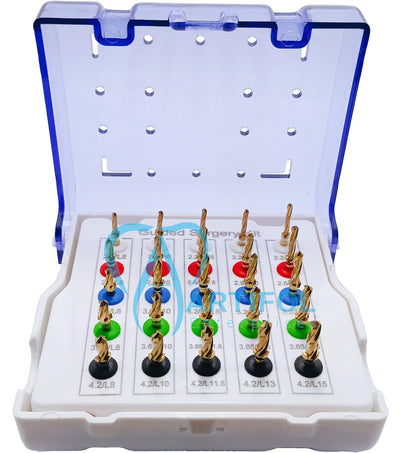 Kit di 25 trapani per impianti dentali guidati - Tappi e misure assortiti, completamente autoclavabili con custodia in plastica - Set di trapani rivestiti in oro n. OS1069