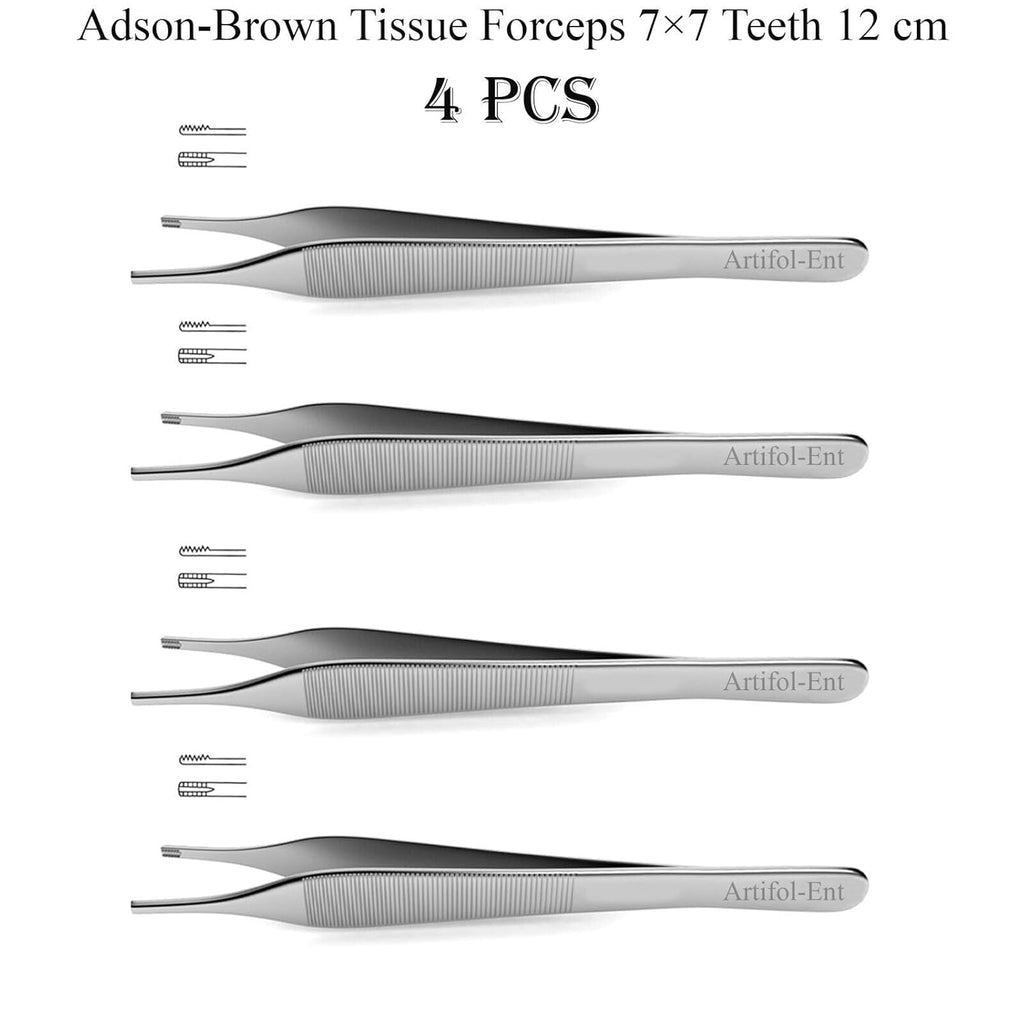 Adson Brown Tissue Forceps 12 cm – 7×7 Teeth Surgical Stainless Steel Forceps | Precision Tissue Handling Instrument | 4 Pcs #114910119