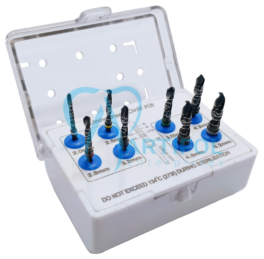 Dental Implantology Drill Kit – 8-Piece Universal Implant Drill Set | Black-Coated with Laser Markings & Plastic Holder #OS1067