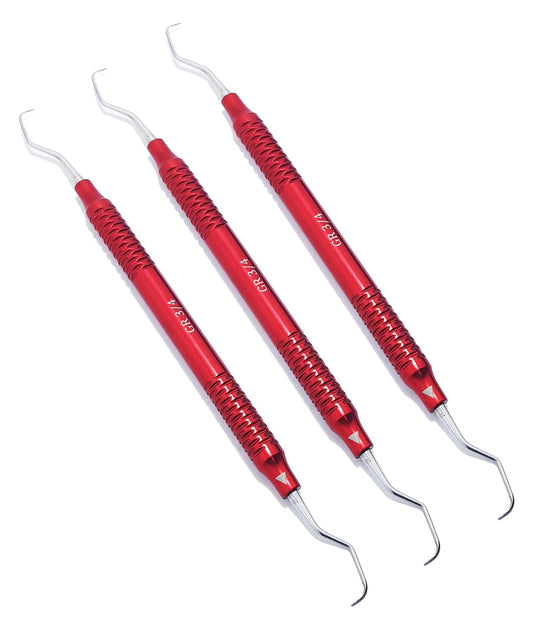 Set di curette Gracey – 3 pezzi misura 3/4 | Strumenti parodontali a doppia estremità | Manici in alluminio rosso #GR34