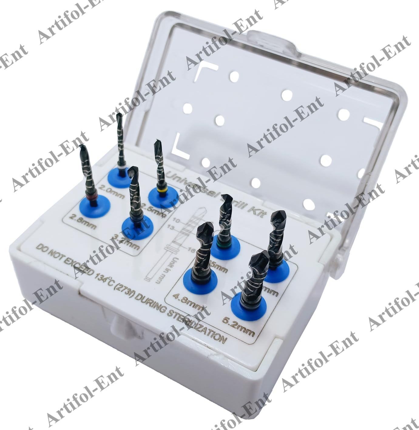 Dental Implantology Drill Kit – 8-Piece Universal Implant Drill Set | Black-Coated with Laser Markings & Plastic Holder #OS1067