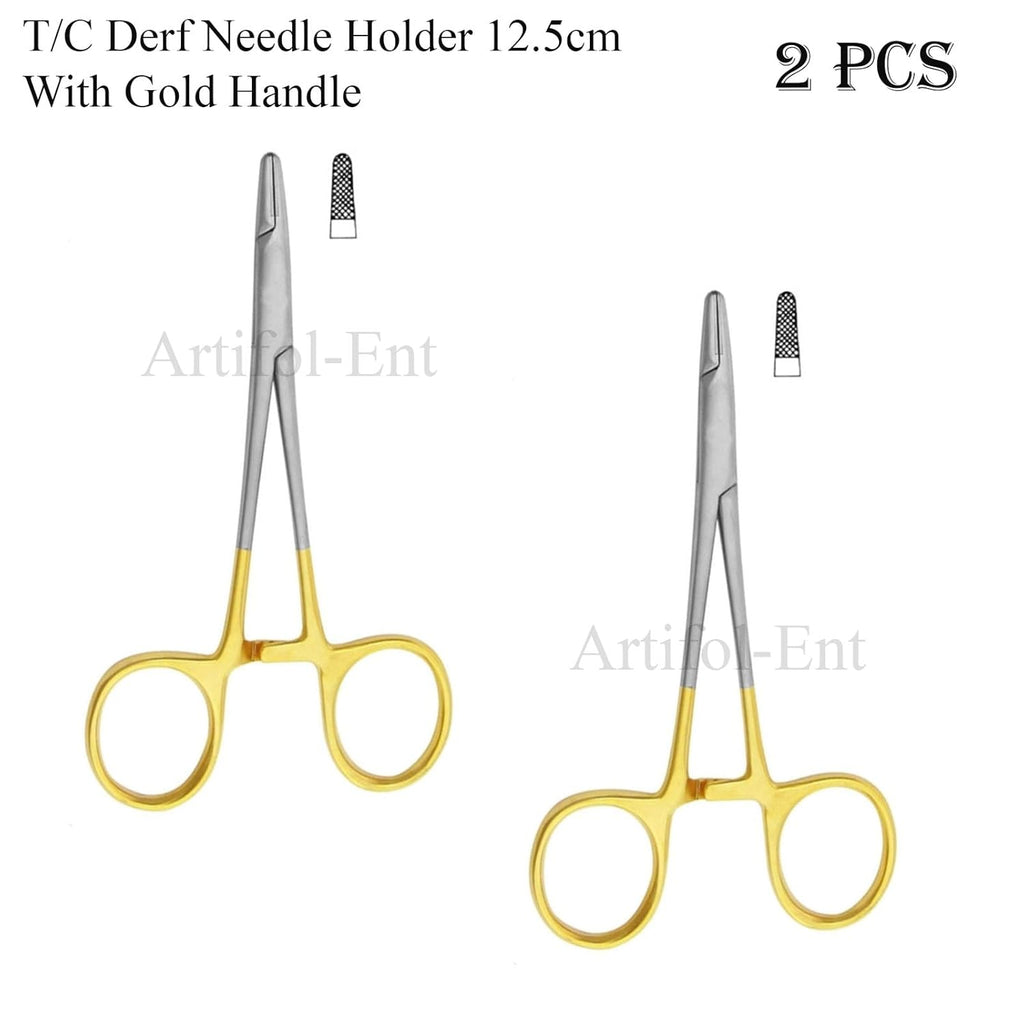 TC Derf Needle Holder 12.5 cm (5") – Tungsten Carbide Serrated Tips | Surgical Dental Precision Suturing Instrument | Stainless Steel | 2 Pcs #132910133