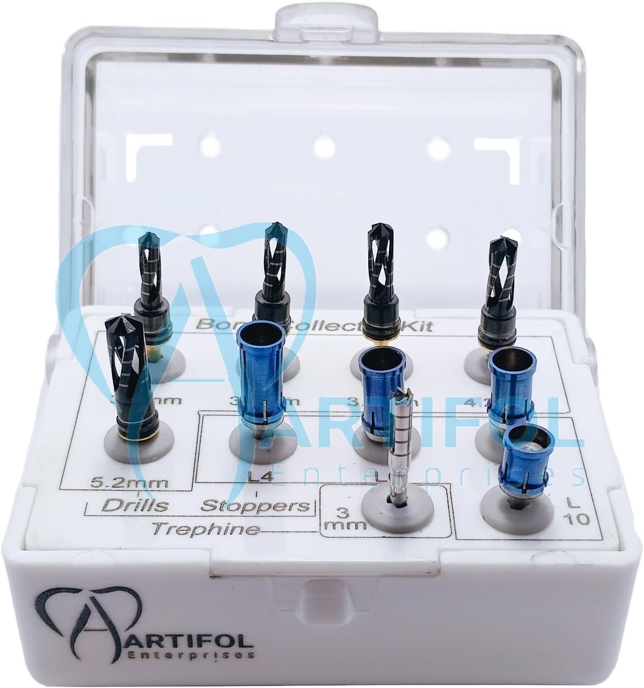 Artifol Dental Bone Collector Kit – 10 Pcs with Depth Stoppers | Sinus Lift & Implant Tools in Compact Organizer Box #OS1071