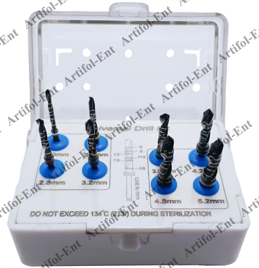 Dental Implantology Drill Kit – 8-Piece Universal Implant Drill Set | Black-Coated with Laser Markings & Plastic Holder #OS1067