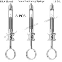 Set mit 3 zahnärztlichen Anästhesie-Aspirationsspritzen 1,8 ml – US-Gewindekartuschenspritze | Hochwertige zahnärztliche Instrumente
