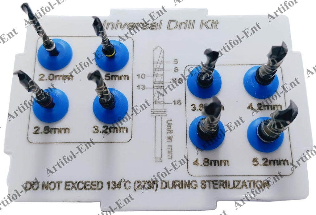 Dental Implantology Drill Kit – 8-Piece Universal Implant Drill Set | Black-Coated with Laser Markings & Plastic Holder #OS1067