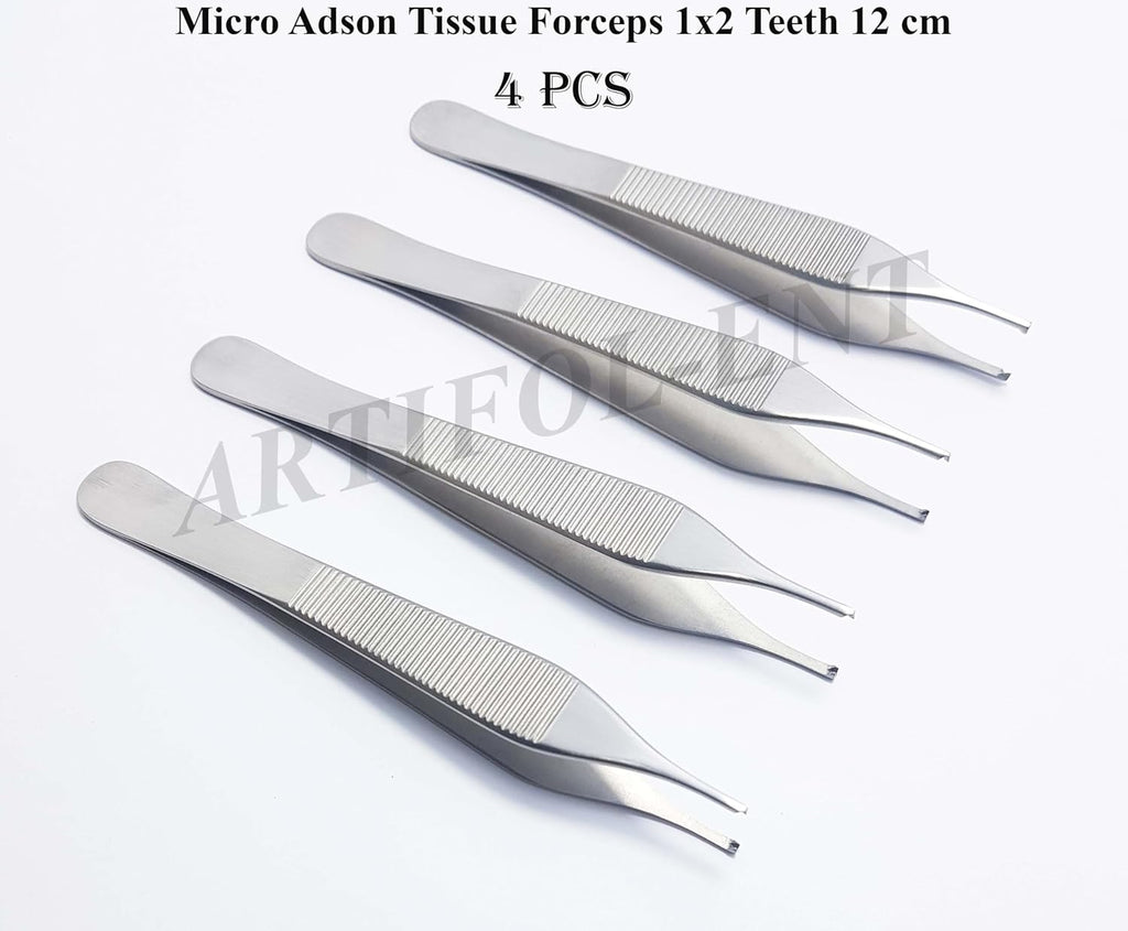 Micro Adson Tissue Forceps 12 cm – 1×2 Teeth Surgical Dental Kocher Tweezers | Stainless Steel Precision Instrument | 4 Pcs #114910114