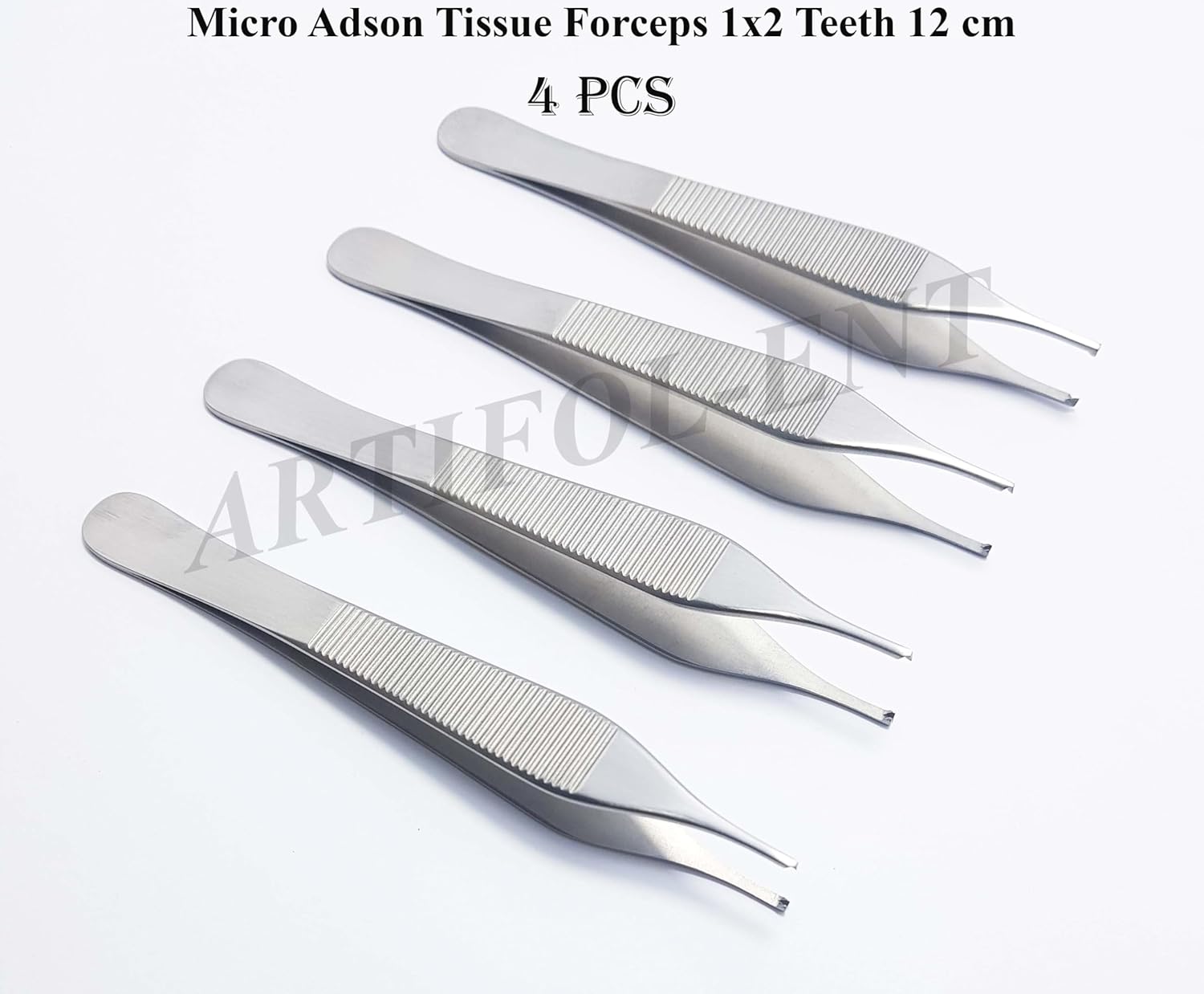 Micro Adson Tissue Forceps 12 cm – 1×2 Teeth Surgical Dental Kocher Tweezers | Stainless Steel Precision Instrument | 4 Pcs #114910114