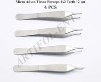 Micro Adson Tissue Forceps 12 cm – 1×2 Teeth Surgical Dental Kocher Tweezers | Stainless Steel Precision Instrument | 4 Pcs #114910114