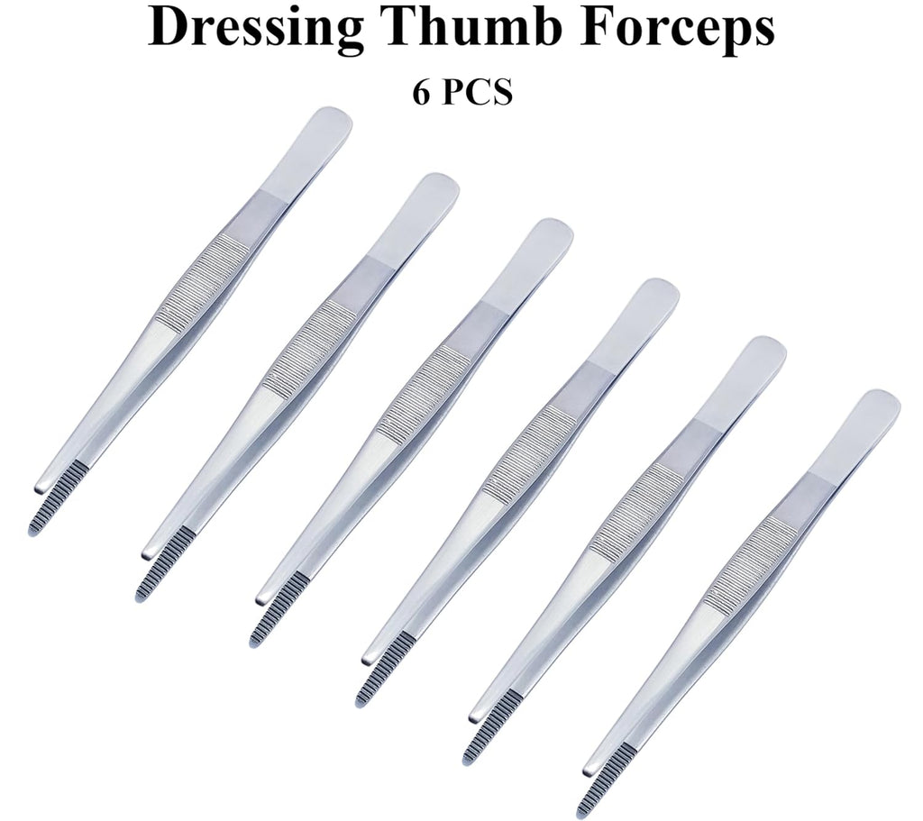 Thumb Dressing Forceps Set – 11.5 cm, 13 cm, 14.5 cm & 18 cm Serrated Tips | Stainless Steel Multi-Purpose Surgical Tissue Tweezers | 6 Pcs