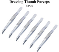 Thumb Dressing Forceps Set – 11.5 cm, 13 cm, 14.5 cm & 18 cm Serrated Tips | Stainless Steel Multi-Purpose Surgical Tissue Tweezers | 6 Pcs