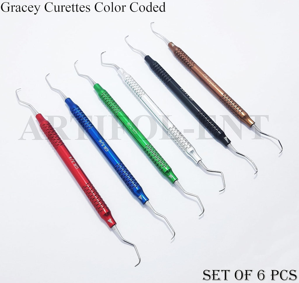 Dental Gracey Curette Set – 6 Pcs Double-Ended Periodontal Curettes | Aluminum Hollow Handles | Multi-Color Coated