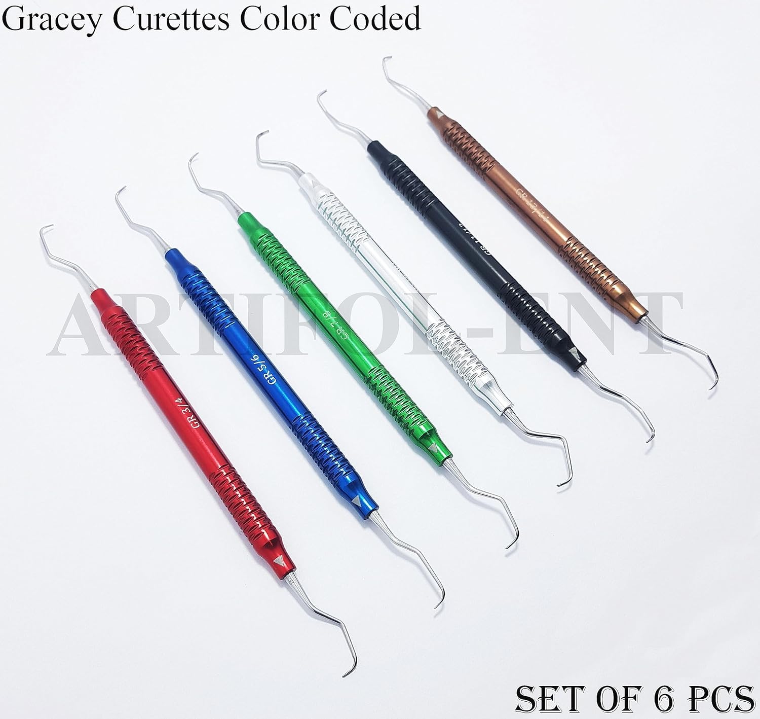 Dental Gracey Curette Set – 6 Pcs Double-Ended Periodontal Curettes | Aluminum Hollow Handles | Multi-Color Coated