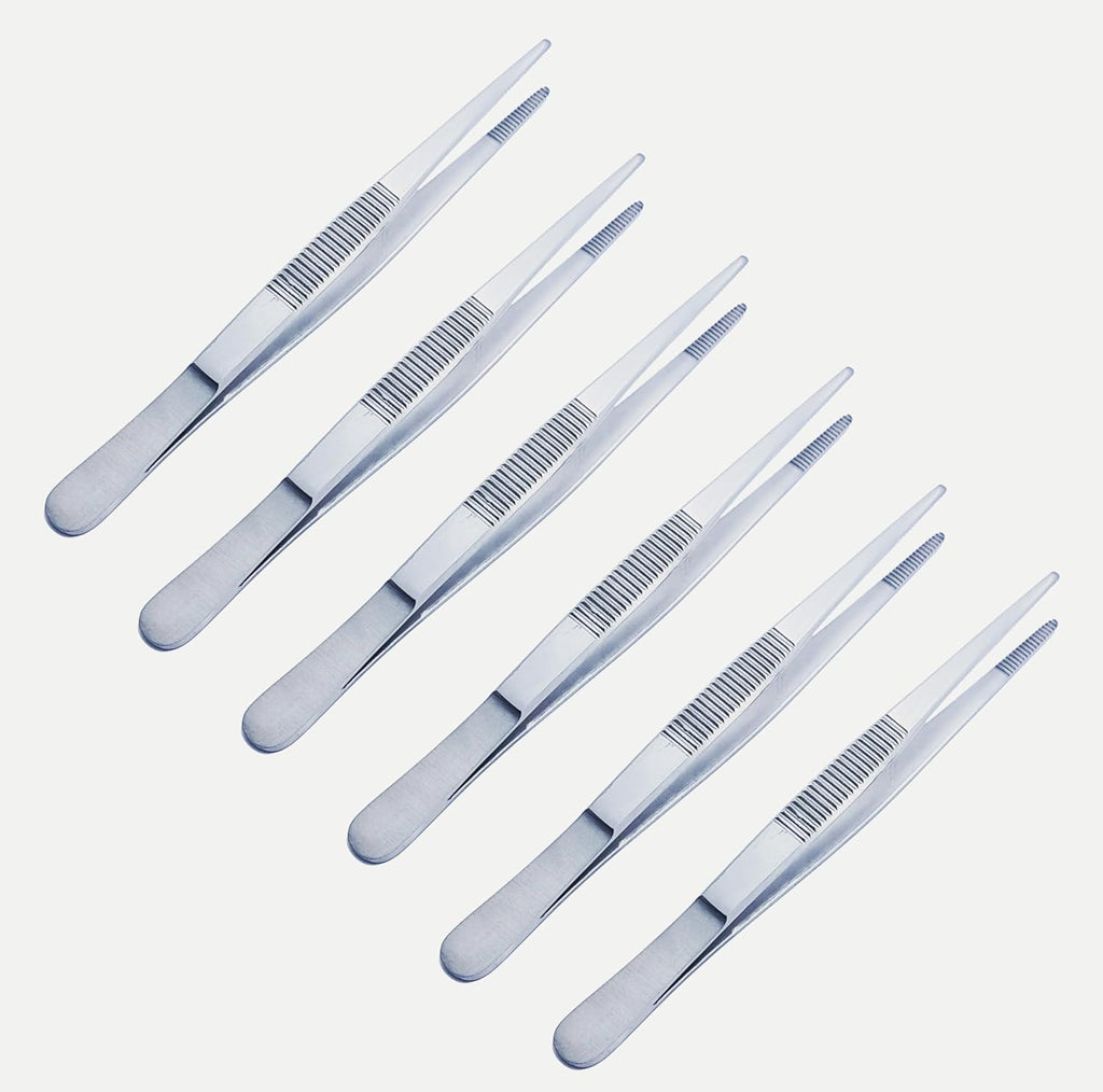 Thumb Dressing Forceps Set – 11.5 cm, 13 cm, 14.5 cm & 18 cm Serrated Tips | Stainless Steel Multi-Purpose Surgical Tissue Tweezers | 6 Pcs