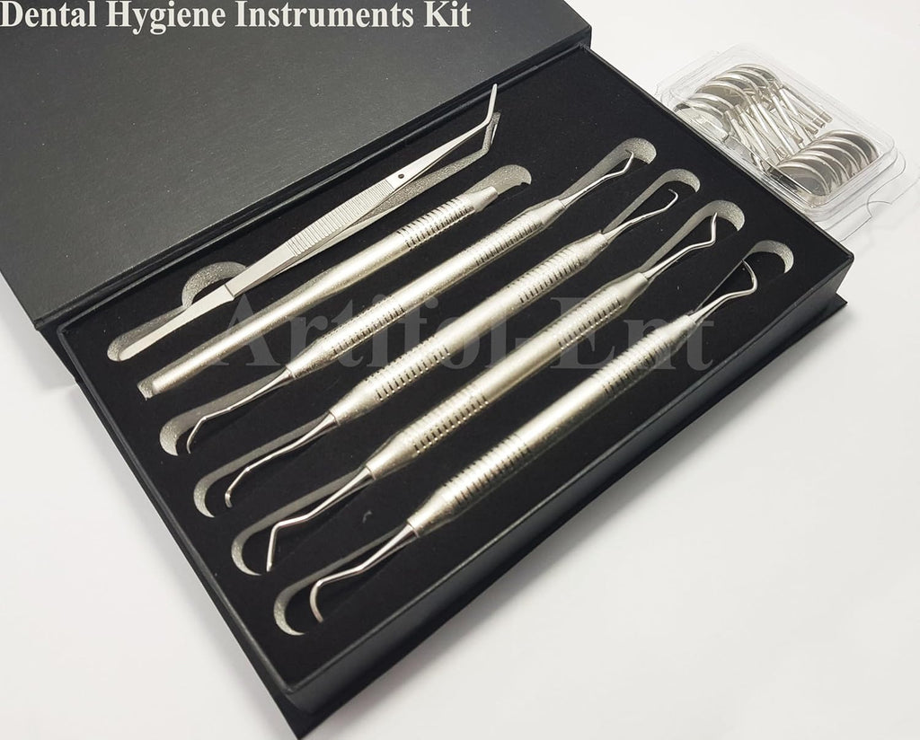 Dental Hygiene Set Gracey Curette, Hygienist Scaler, Sickle Scaler, Dental Mirrors with Mirror Handle, College Tweezers/Cotton Plier Hygienists Instruments Tool kit 18 Pcs