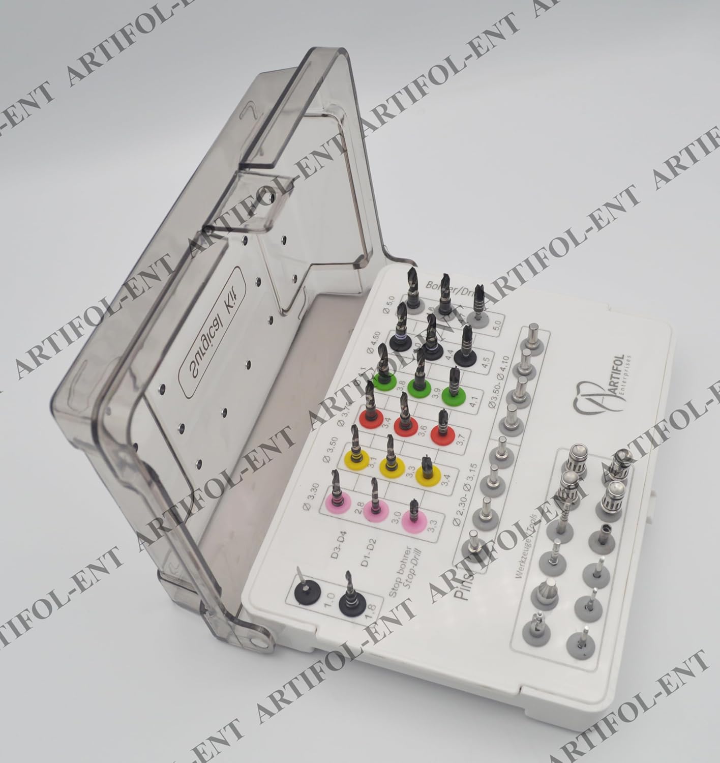 40 Pieces Stainless Steel Black Coated Drills Kit with Embedded Stoppers, Guide Pins, Lance Pilot Drills & Additional Toolings with Plastic Holder Kit| Reusable & Autoclavable Instruments #OS10100