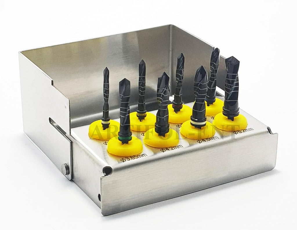 Implant External Irrigation Drill Bits Kit – 8 Pcs Black Coated Surgical Drills with Holder | Dental Implant Tools #OS1037