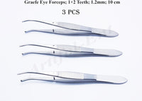 Graefe Ophthalmic Forceps Curved 10 cm (4") – 1×2 Teeth, 1.2 mm Tip Width | Precision Eye Surgical Instrument | Stainless Steel 3 Pcs #114910374