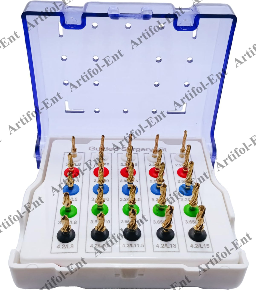 25 Pcs Dental Guided Implant Drill Kit – Assorted Stoppers & Sizes, Fully Autoclavable with Plastic Case – Gold-Coated Drills Set # OS1069