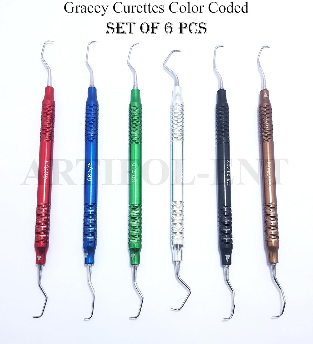 Dental Gracey Curette Set – 6 Pcs Double-Ended Periodontal Curettes | Aluminum Hollow Handles | Multi-Color Coated