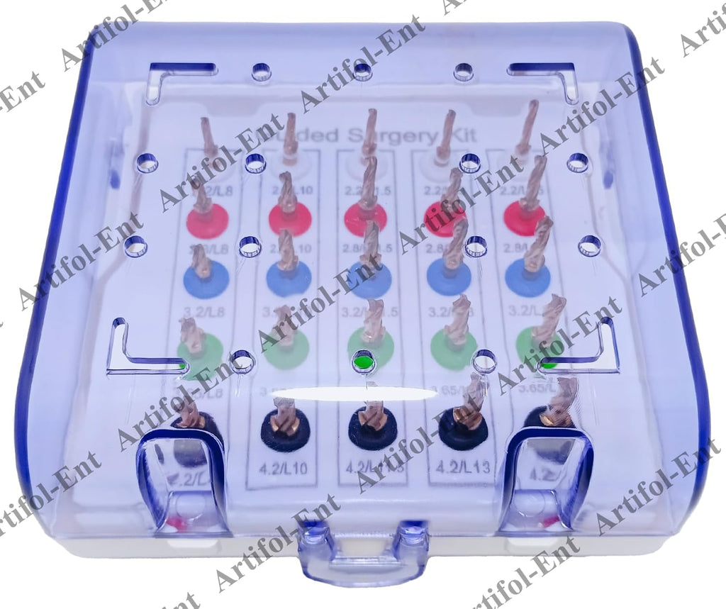 25 Pcs Dental Guided Implant Drill Kit – Assorted Stoppers & Sizes, Fully Autoclavable with Plastic Case – Gold-Coated Drills Set # OS1069